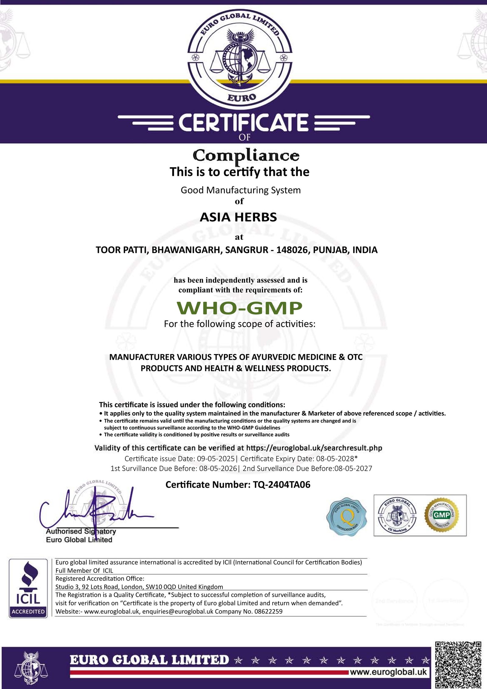 WHO GMP Compliance Certificate
